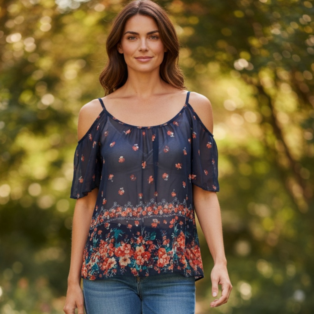 American Dream Cold Shoulder Sheer Blouse, sz M